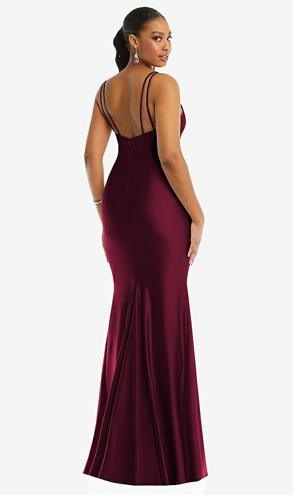 Back View - Cabernet Deep V-Neck Stretch Satin Mermaid Dress with Slight Train