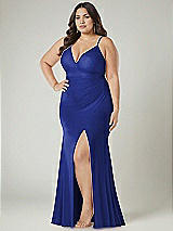 Alt View 1 Thumbnail - Cobalt Blue Deep V-Neck Stretch Satin Mermaid Dress with Slight Train