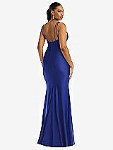 Rear View Thumbnail - Cobalt Blue Deep V-Neck Stretch Satin Mermaid Dress with Slight Train