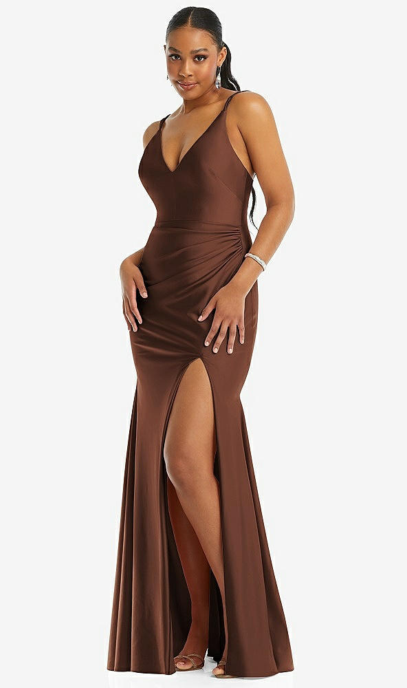 Front View - Cognac Deep V-Neck Stretch Satin Mermaid Dress with Slight Train