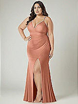 Alt View 1 Thumbnail - Copper Penny Deep V-Neck Stretch Satin Mermaid Dress with Slight Train