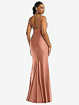 Rear View Thumbnail - Copper Penny Deep V-Neck Stretch Satin Mermaid Dress with Slight Train