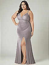 Alt View 1 Thumbnail - Cashmere Gray Deep V-Neck Stretch Satin Mermaid Dress with Slight Train