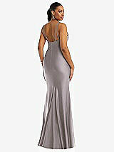 Rear View Thumbnail - Cashmere Gray Deep V-Neck Stretch Satin Mermaid Dress with Slight Train