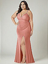 Alt View 1 Thumbnail - Desert Rose Deep V-Neck Stretch Satin Mermaid Dress with Slight Train