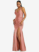 Front View Thumbnail - Desert Rose Deep V-Neck Stretch Satin Mermaid Dress with Slight Train