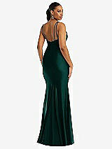 Rear View Thumbnail - Evergreen Deep V-Neck Stretch Satin Mermaid Dress with Slight Train