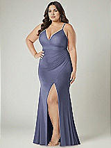 Alt View 1 Thumbnail - French Blue Deep V-Neck Stretch Satin Mermaid Dress with Slight Train