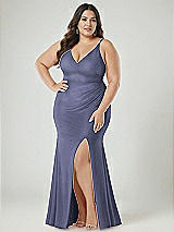 Alt View 2 Thumbnail - French Blue Deep V-Neck Stretch Satin Mermaid Dress with Slight Train