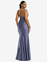 Rear View Thumbnail - French Blue Deep V-Neck Stretch Satin Mermaid Dress with Slight Train