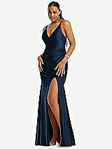 Front View Thumbnail - Midnight Navy Deep V-Neck Stretch Satin Mermaid Dress with Slight Train