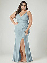 Alt View 2 Thumbnail - Mist Deep V-Neck Stretch Satin Mermaid Dress with Slight Train