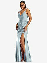 Front View Thumbnail - Mist Deep V-Neck Stretch Satin Mermaid Dress with Slight Train