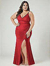 Alt View 2 Thumbnail - Poppy Red Deep V-Neck Stretch Satin Mermaid Dress with Slight Train