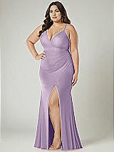 Alt View 1 Thumbnail - Pale Purple Deep V-Neck Stretch Satin Mermaid Dress with Slight Train