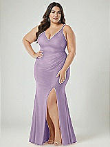 Alt View 2 Thumbnail - Pale Purple Deep V-Neck Stretch Satin Mermaid Dress with Slight Train