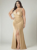 Alt View 1 Thumbnail - Soft Gold Deep V-Neck Stretch Satin Mermaid Dress with Slight Train