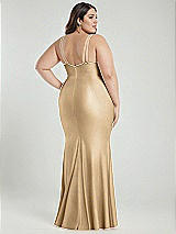 Alt View 3 Thumbnail - Soft Gold Deep V-Neck Stretch Satin Mermaid Dress with Slight Train