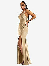 Side View Thumbnail - Soft Gold Deep V-Neck Stretch Satin Mermaid Dress with Slight Train