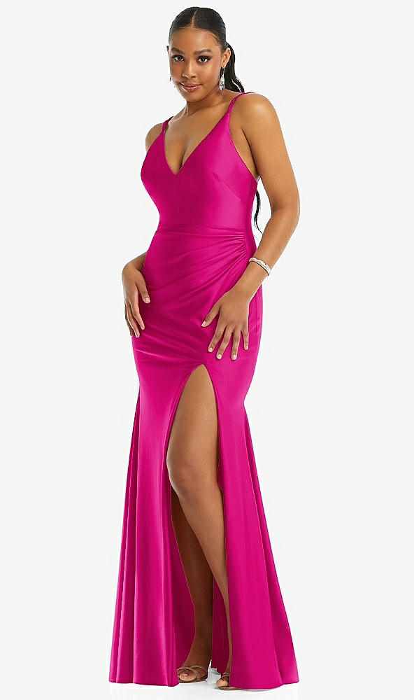 Front View - Think Pink Deep V-Neck Stretch Satin Mermaid Dress with Slight Train