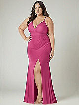 Alt View 1 Thumbnail - Tea Rose Deep V-Neck Stretch Satin Mermaid Dress with Slight Train