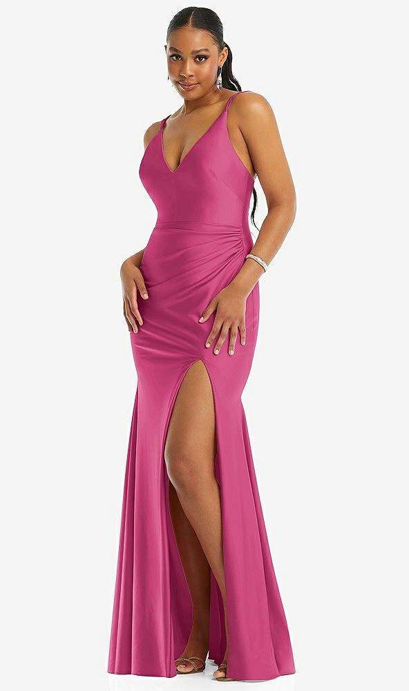 Front View - Tea Rose Deep V-Neck Stretch Satin Mermaid Dress with Slight Train