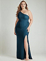 Alt View 1 Thumbnail - Atlantic Blue One-Shoulder Asymmetrical Cowl Back Stretch Satin Mermaid Dress