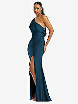 Side View Thumbnail - Atlantic Blue One-Shoulder Asymmetrical Cowl Back Stretch Satin Mermaid Dress