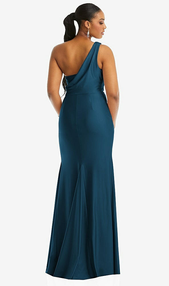 Back View - Atlantic Blue One-Shoulder Asymmetrical Cowl Back Stretch Satin Mermaid Dress