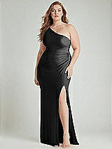 Alt View 1 Thumbnail - Black One-Shoulder Asymmetrical Cowl Back Stretch Satin Mermaid Dress