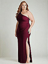 Alt View 2 Thumbnail - Cabernet One-Shoulder Asymmetrical Cowl Back Stretch Satin Mermaid Dress