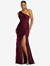 Front View Thumbnail - Cabernet One-Shoulder Asymmetrical Cowl Back Stretch Satin Mermaid Dress