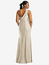 Rear View Thumbnail - Champagne One-Shoulder Asymmetrical Cowl Back Stretch Satin Mermaid Dress