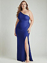 Alt View 1 Thumbnail - Cobalt Blue One-Shoulder Asymmetrical Cowl Back Stretch Satin Mermaid Dress