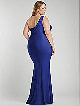 Alt View 3 Thumbnail - Cobalt Blue One-Shoulder Asymmetrical Cowl Back Stretch Satin Mermaid Dress