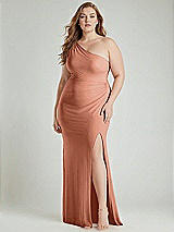 Alt View 1 Thumbnail - Copper Penny One-Shoulder Asymmetrical Cowl Back Stretch Satin Mermaid Dress