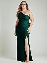 Alt View 1 Thumbnail - Evergreen One-Shoulder Asymmetrical Cowl Back Stretch Satin Mermaid Dress