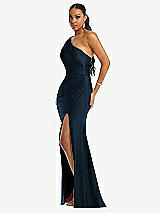 Side View Thumbnail - Midnight Navy One-Shoulder Asymmetrical Cowl Back Stretch Satin Mermaid Dress