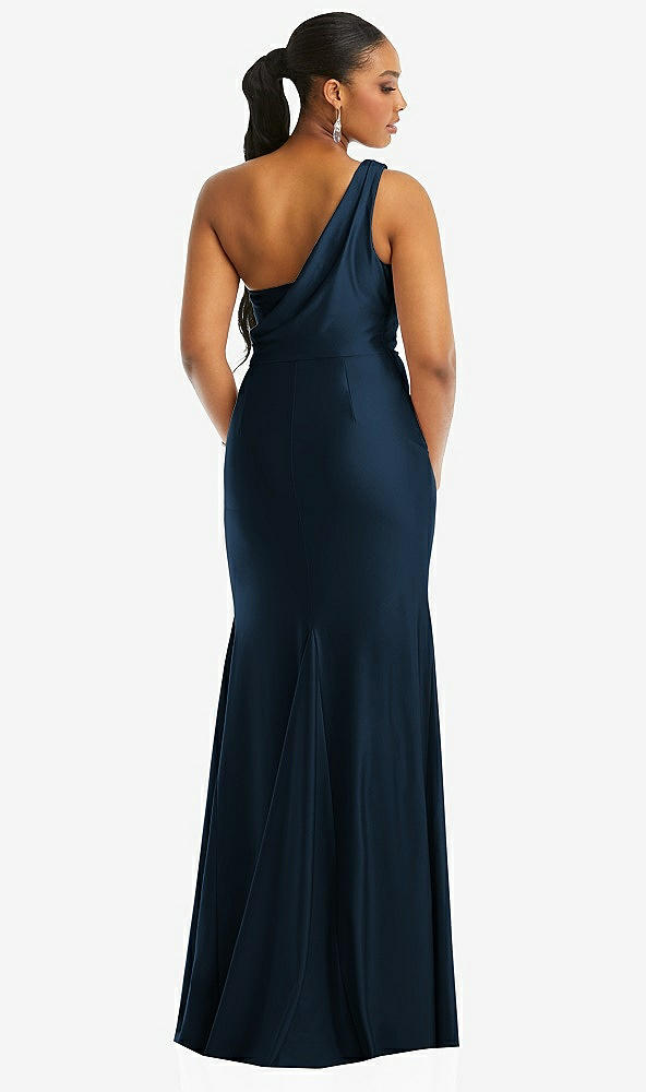 Back View - Midnight Navy One-Shoulder Asymmetrical Cowl Back Stretch Satin Mermaid Dress