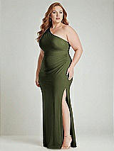 Alt View 2 Thumbnail - Olive Green One-Shoulder Asymmetrical Cowl Back Stretch Satin Mermaid Dress