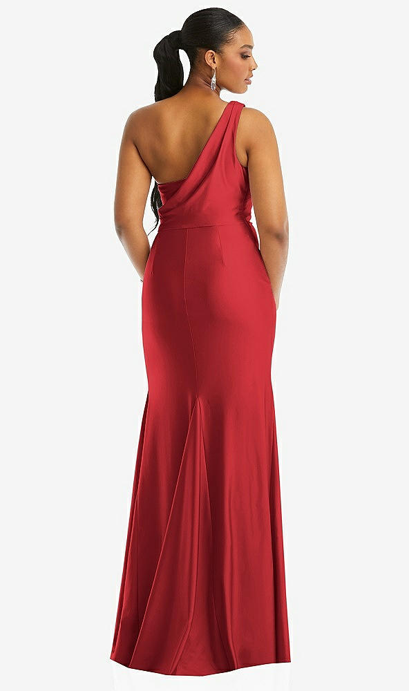 Back View - Poppy Red One-Shoulder Asymmetrical Cowl Back Stretch Satin Mermaid Dress