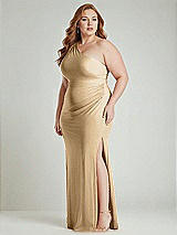 Alt View 2 Thumbnail - Soft Gold One-Shoulder Asymmetrical Cowl Back Stretch Satin Mermaid Dress