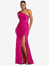 Front View Thumbnail - Think Pink One-Shoulder Asymmetrical Cowl Back Stretch Satin Mermaid Dress