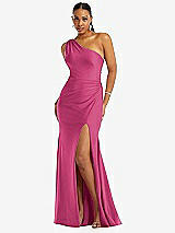 Front View Thumbnail - Tea Rose One-Shoulder Asymmetrical Cowl Back Stretch Satin Mermaid Dress