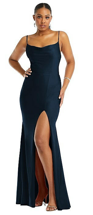 Cowl-Neck Open Tie-Back Stretch Satin Mermaid Dress with Slight Train