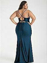 Alt View 3 Thumbnail - Atlantic Blue Cowl-Neck Open Tie-Back Stretch Satin Mermaid Dress with Slight Train