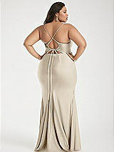 Alt View 3 Thumbnail - Champagne Cowl-Neck Open Tie-Back Stretch Satin Mermaid Dress with Slight Train