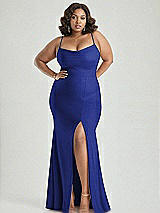 Alt View 2 Thumbnail - Cobalt Blue Cowl-Neck Open Tie-Back Stretch Satin Mermaid Dress with Slight Train