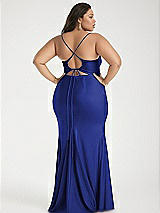 Alt View 3 Thumbnail - Cobalt Blue Cowl-Neck Open Tie-Back Stretch Satin Mermaid Dress with Slight Train