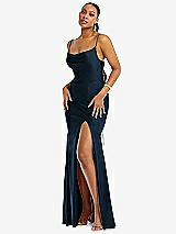 Alt View 1 Thumbnail - Midnight Navy Cowl-Neck Open Tie-Back Stretch Satin Mermaid Dress with Slight Train